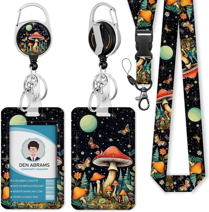 Piefly Lanyards for Id Badges, Cute Badge Holder with Retractable Reel Clip, Mushroom Work Name Tag Breakaway Lanyard Vertical ID Card Protector Case for Women Nurse Nursing Doctor Teacher Student - Image 1